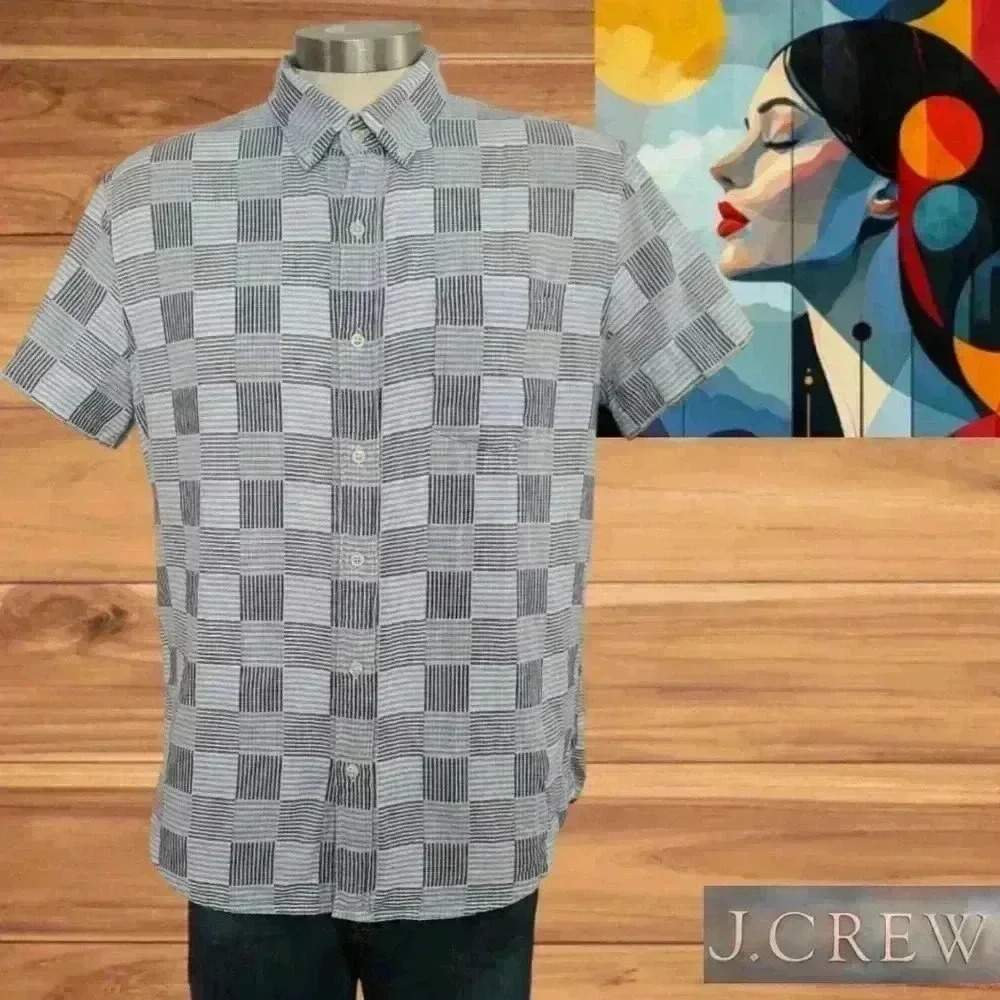 J. Crew  Shirt Men Slim Button Up Short Sleeve Patchwork Blue Sz L Cotton